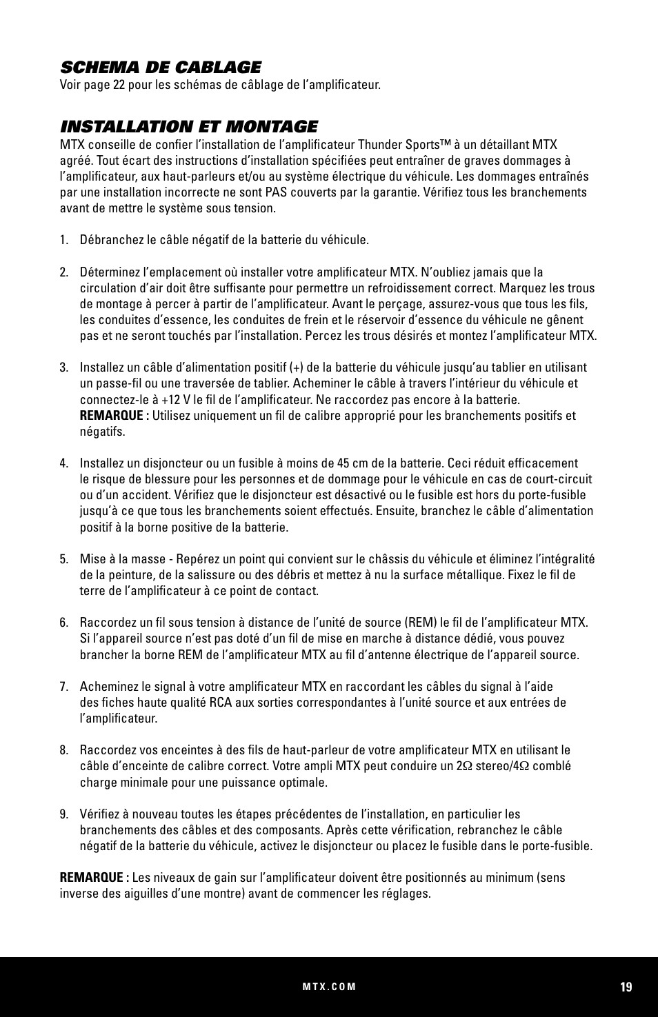 Schema de cablage, Installation et montage | MTX Audio MUD100-2 200W RMS 2-Channel Power Sports Amplifier User Manual | Page 19 / 28