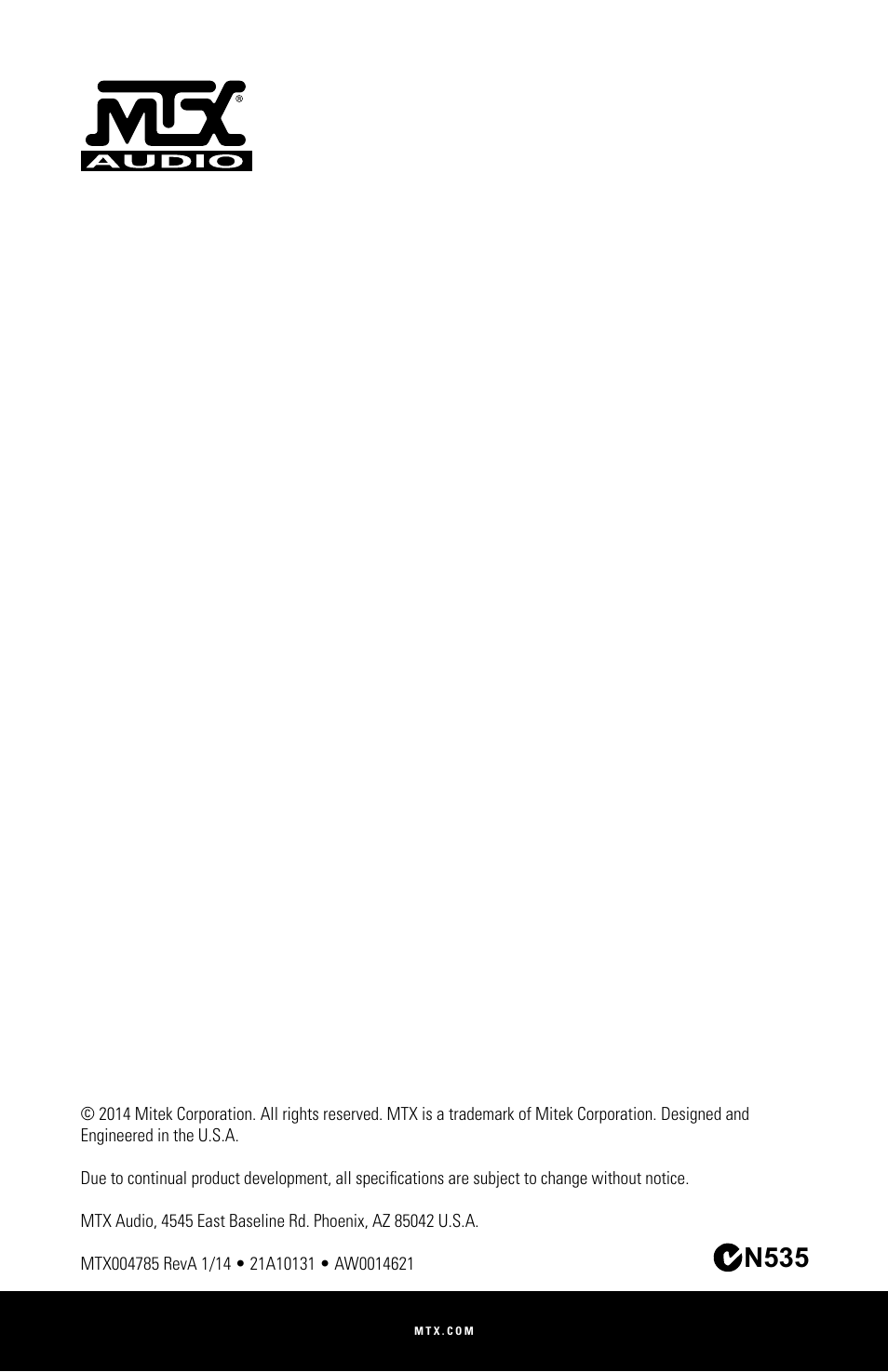 N535 | MTX Audio MUD100-2 200W RMS 2-Channel Power Sports Amplifier User Manual | Page 28 / 28