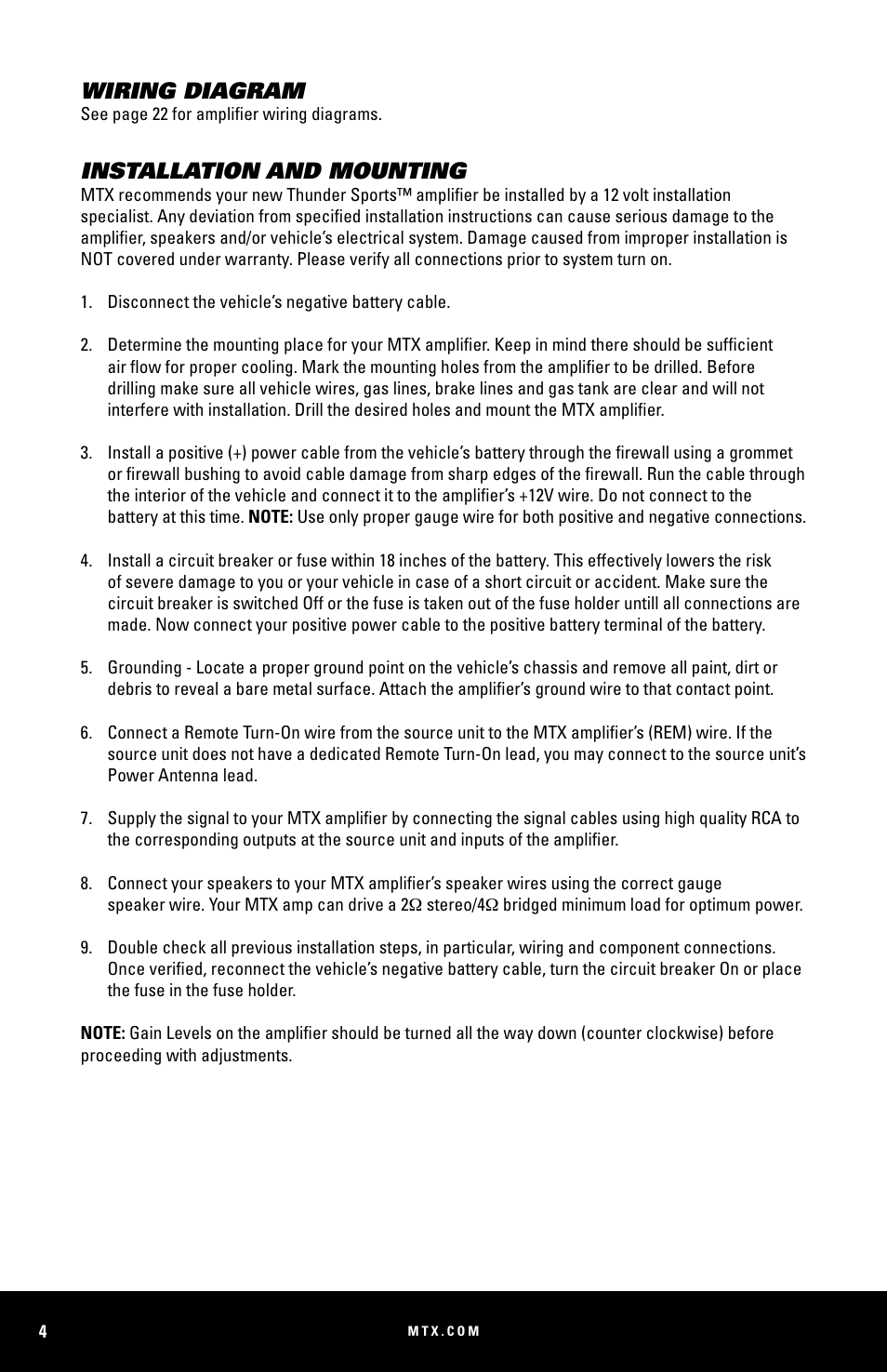 Wiring diagram, Installation and mounting | MTX Audio MUD100-2 200W RMS 2-Channel Power Sports Amplifier User Manual | Page 4 / 28