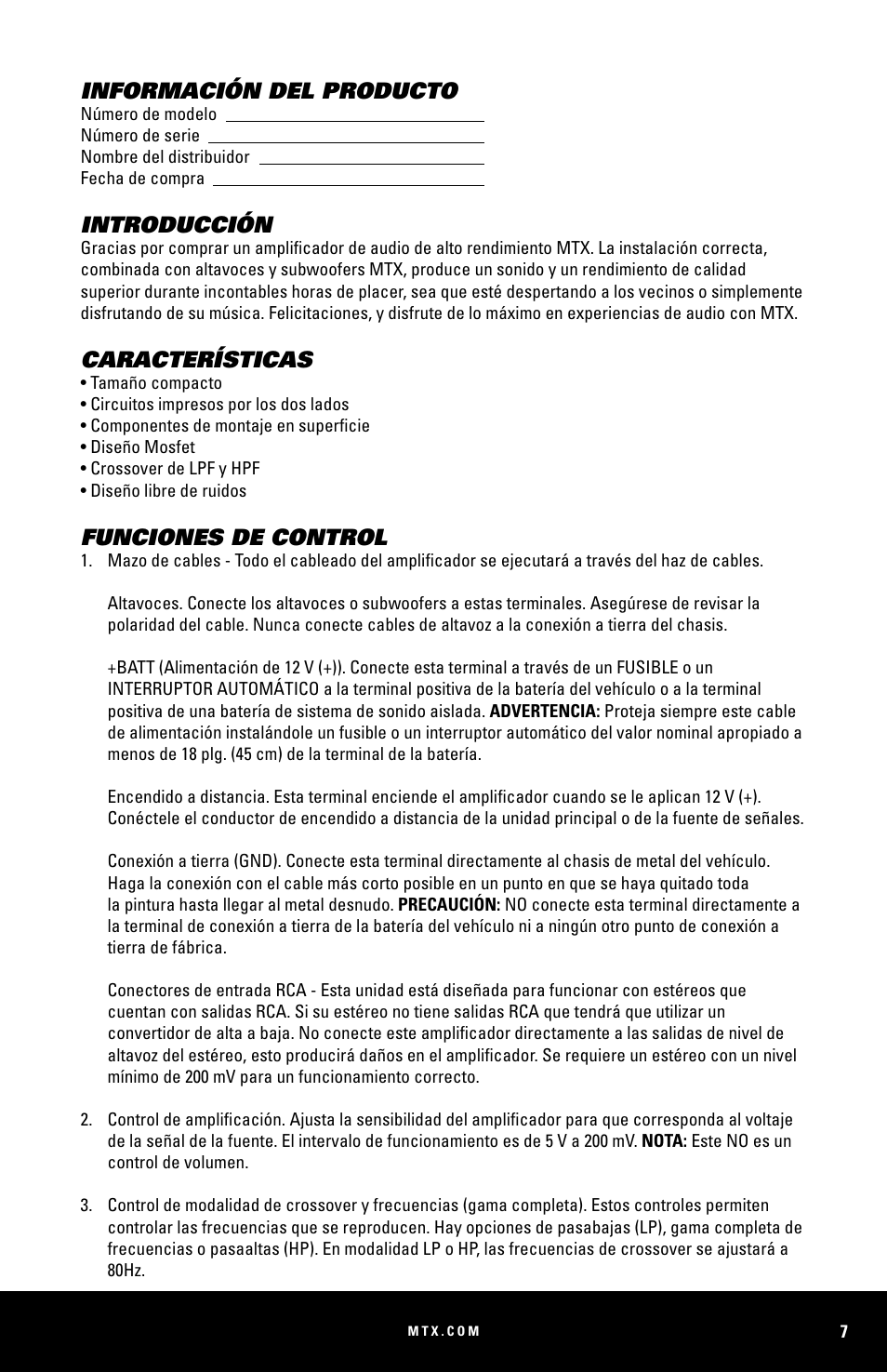 Información del producto, Introducción, Características | Funciones de control | MTX Audio MUD100-2 200W RMS 2-Channel Power Sports Amplifier User Manual | Page 7 / 28