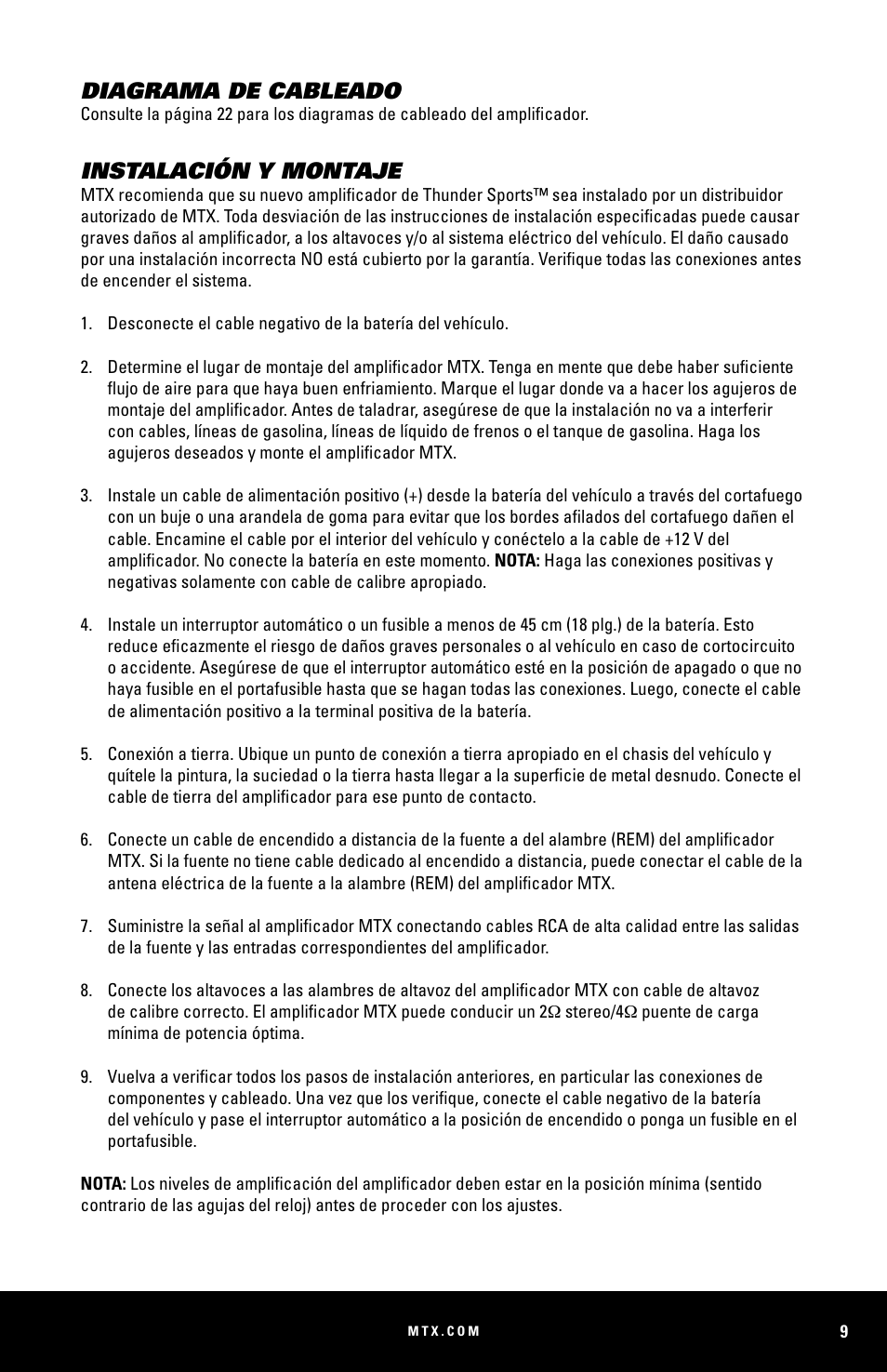 Diagrama de cableado, Instalación y montaje | MTX Audio MUD100-2 200W RMS 2-Channel Power Sports Amplifier User Manual | Page 9 / 28