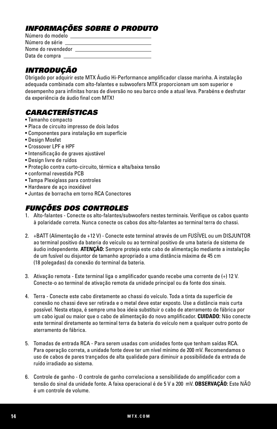 Informações sobre o produto, Introdução, Características | Funções dos controles | MTX Audio WET75-2 200W RMS 2-Channel Class A-B Marine Amplifier User Manual | Page 14 / 32