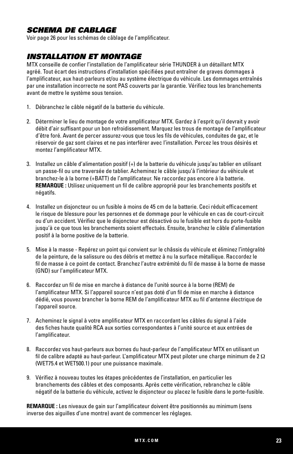 Schema de cablage, Installation et montage | MTX Audio WET75-2 200W RMS 2-Channel Class A-B Marine Amplifier User Manual | Page 23 / 32