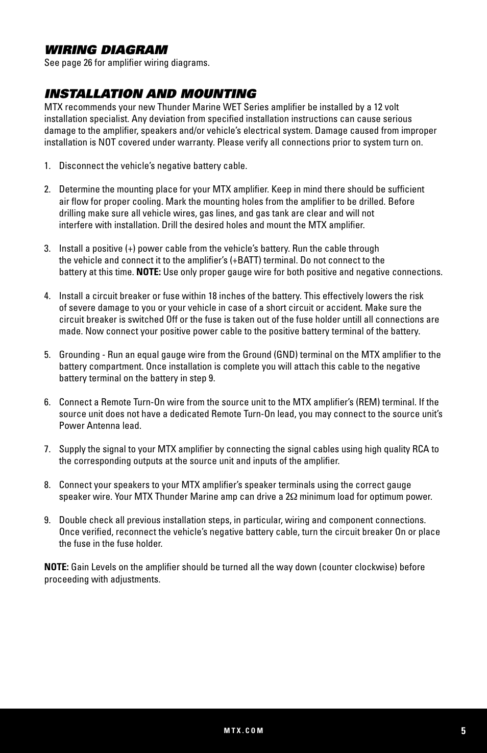 Wiring diagram, Installation and mounting | MTX Audio WET75-2 200W RMS 2-Channel Class A-B Marine Amplifier User Manual | Page 5 / 32