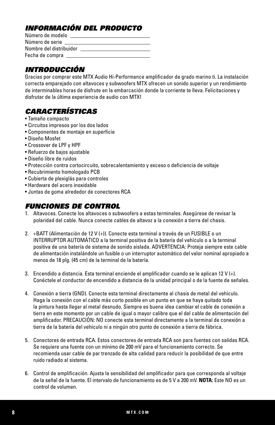 Información del producto, Introducción, Características | Funciones de control | MTX Audio WET75-2 200W RMS 2-Channel Class A-B Marine Amplifier User Manual | Page 8 / 32