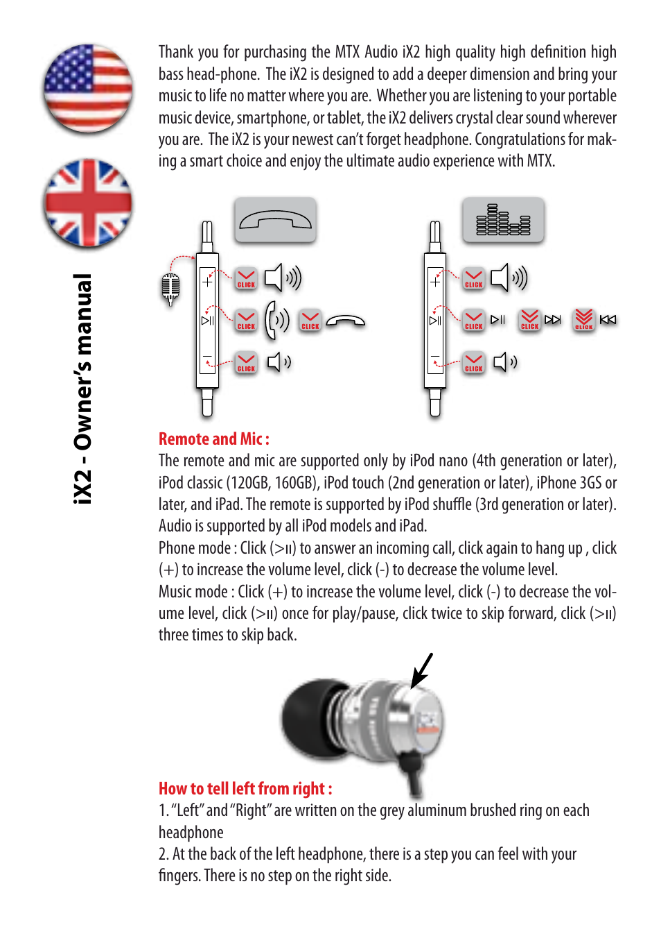 Ix2 - o wner ’s manual | MTX Audio StreetAudio iX2 RED In Ear Headphones User Manual | Page 2 / 8