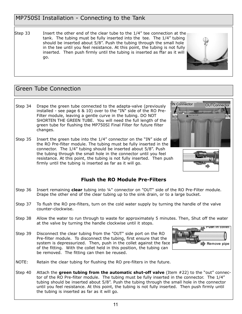 Mp750si installation - connecting to the tank, Green tube connection | Purenex Multipure Aqua RO System User Manual | Page 11 / 27
