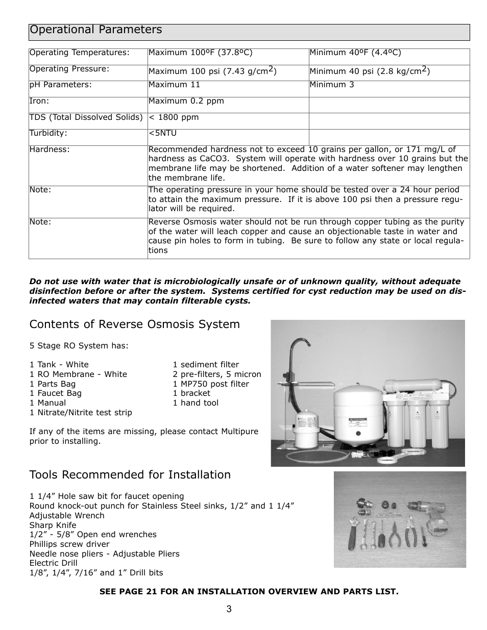 Operational parameters, Contents of reverse osmosis system, Tools recommended for installation | Purenex Multipure Aqua RO System User Manual | Page 3 / 27