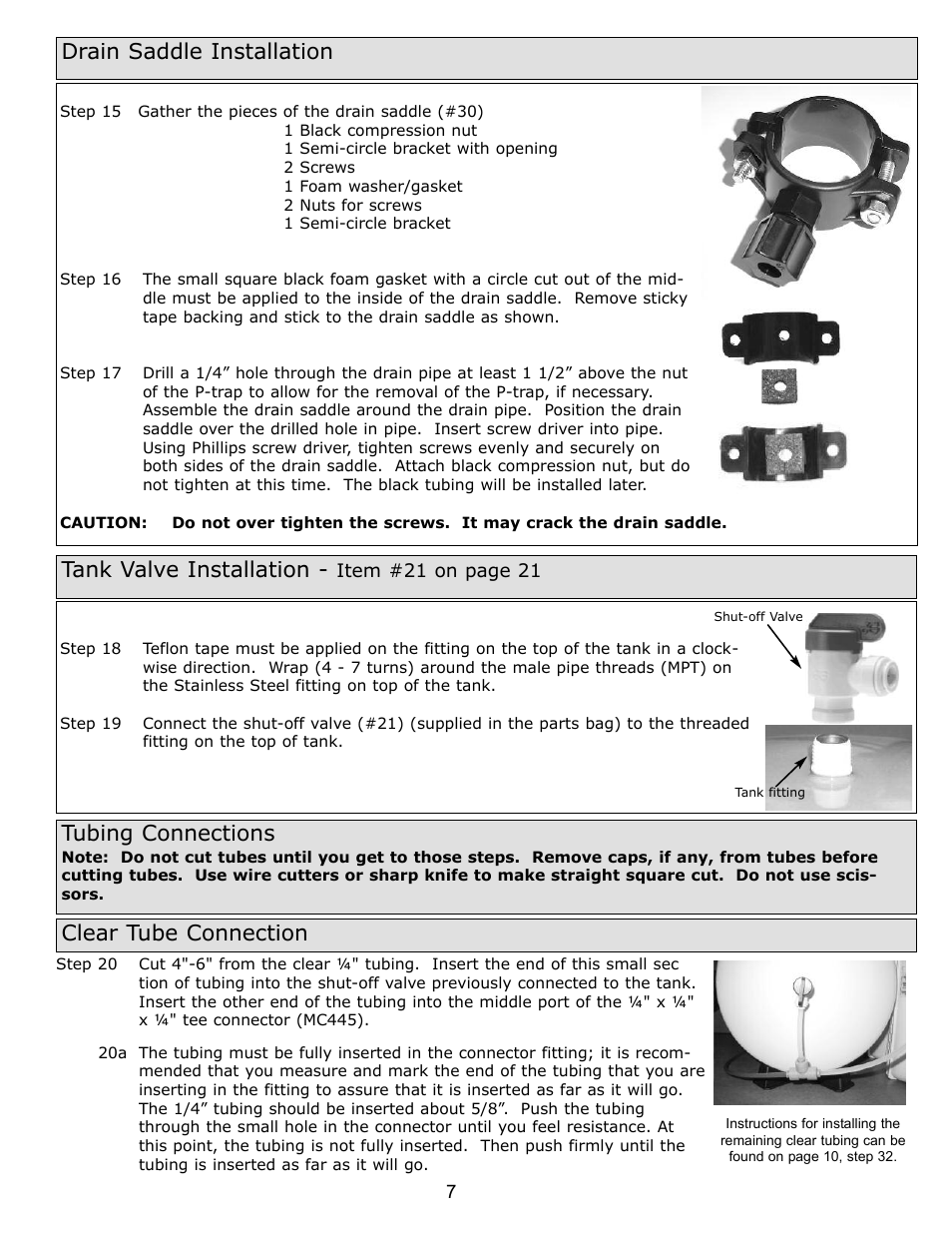 Drain saddle installation tank valve installation, Tubing connections, Clear tube connection | Purenex Multipure Aqua RO System User Manual | Page 7 / 27