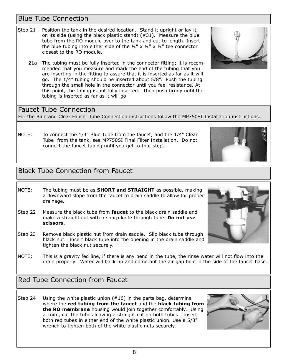 Black tube connection from faucet, Red tube connection from faucet, Blue tube connection | Faucet tube connection | Purenex Multipure Aqua RO System User Manual | Page 8 / 27