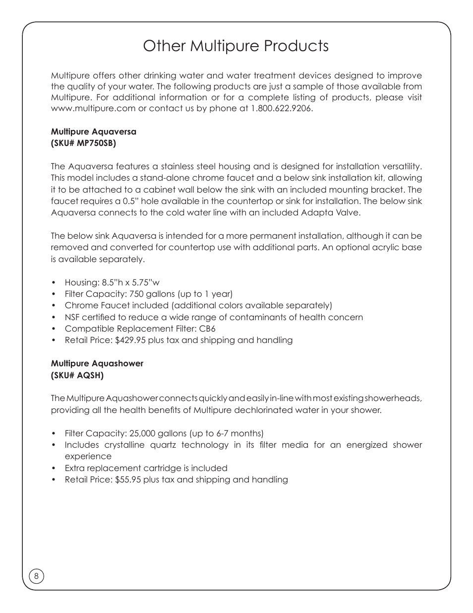 Other multipure products | Purenex Multipure Aquasource User Manual | Page 10 / 12