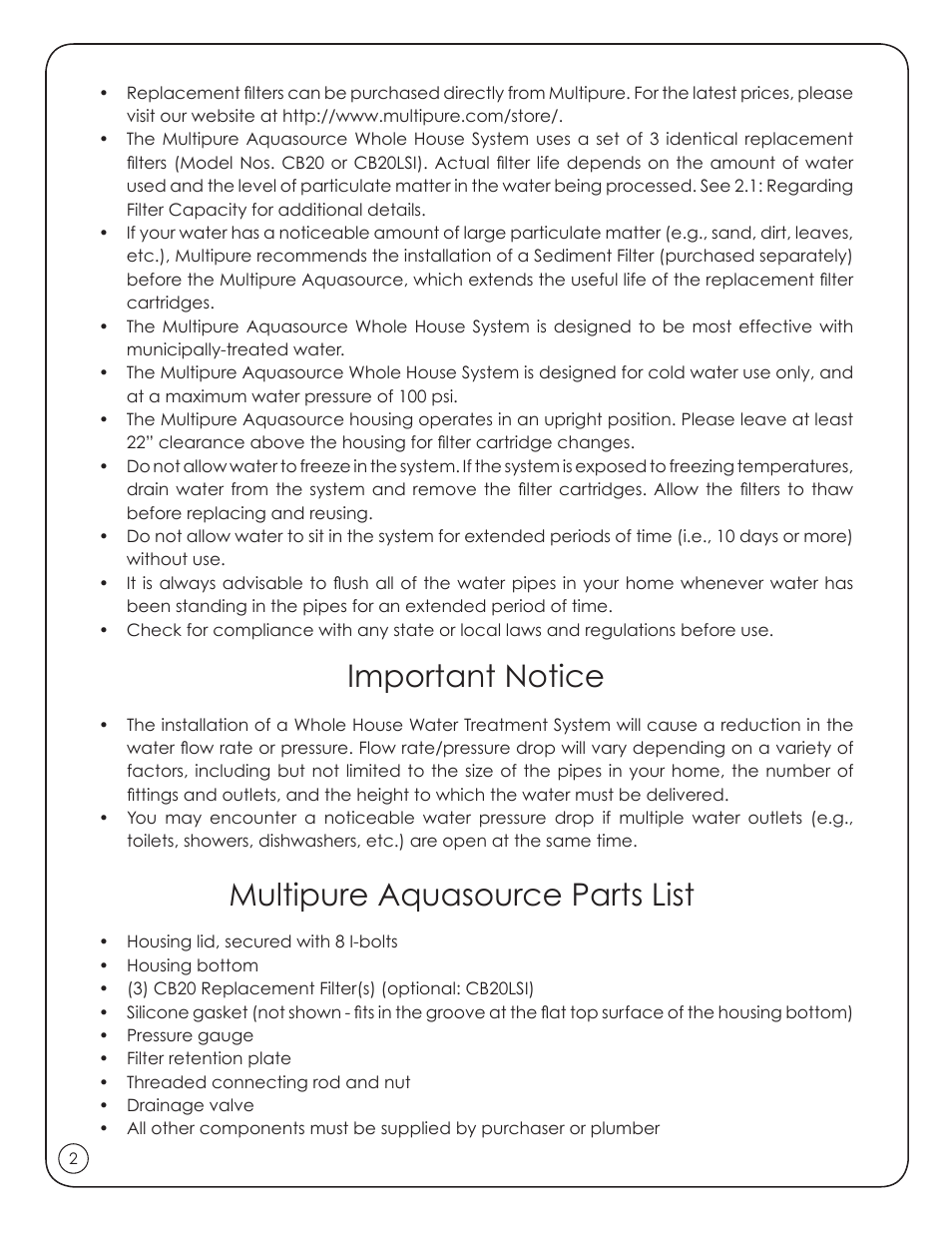 Important notice, Multipure aquasource parts list | Purenex Multipure Aquasource User Manual | Page 4 / 12