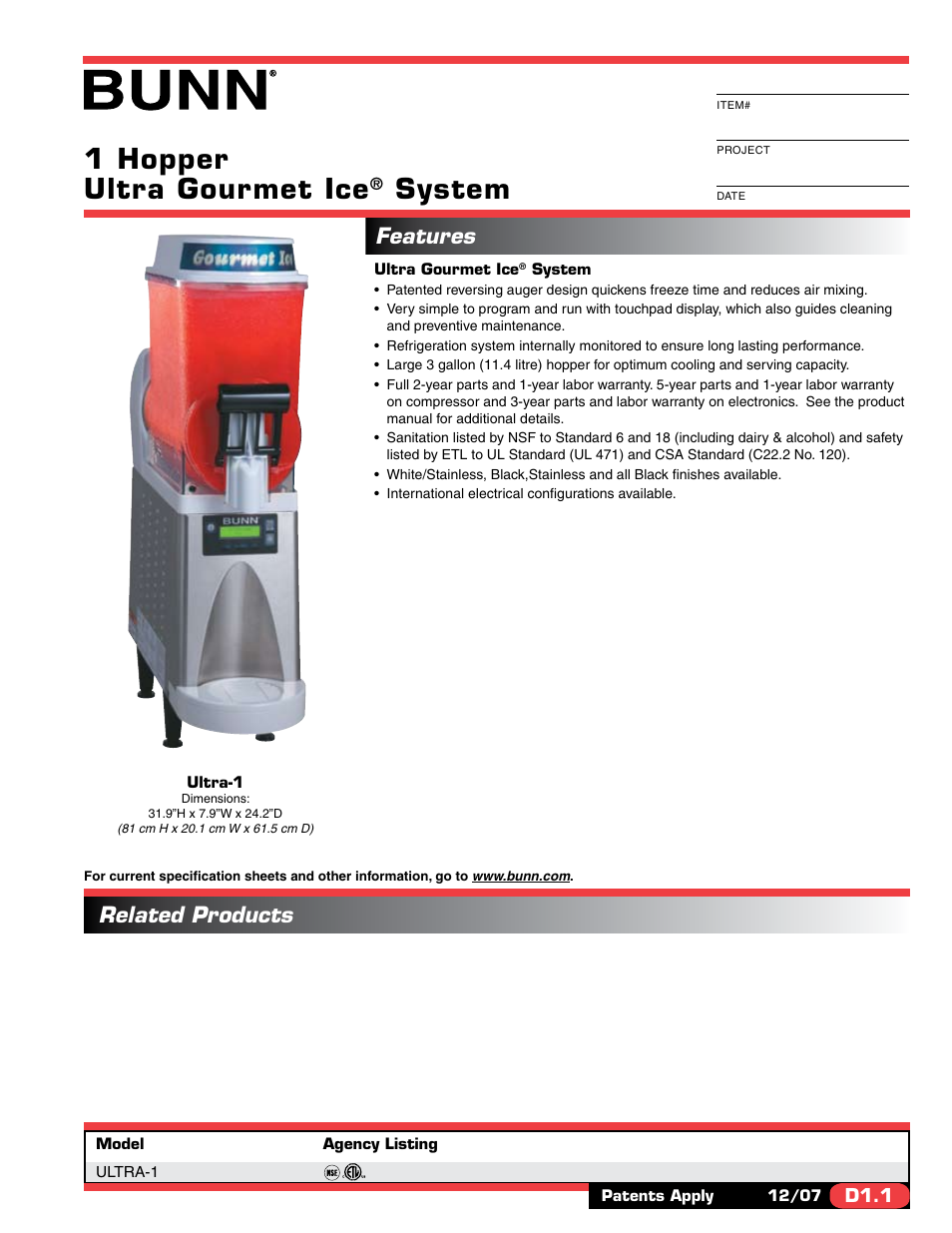 Bunn Ultra Gourmet Ice System 1 Hopper User Manual | 2 pages