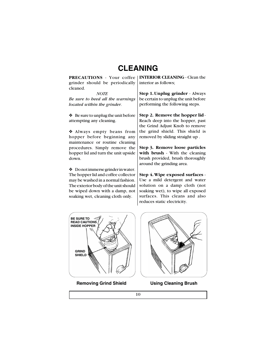 Cleaning | Bunn Deluxe Coffee Grinder User Manual | Page 10 / 16