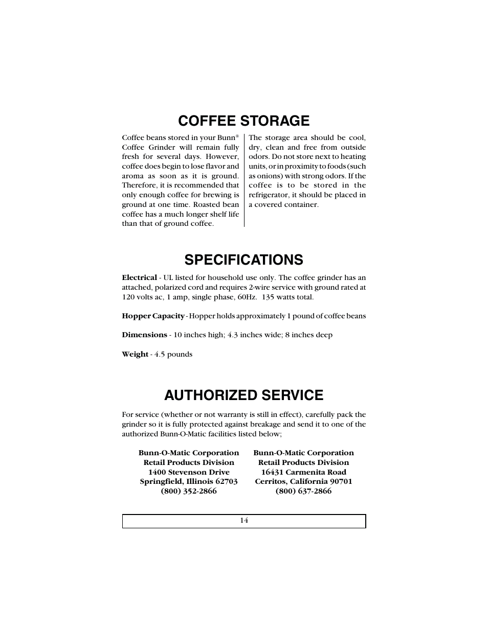 Authorized service, Coffee storage, Specifications | Bunn Deluxe Coffee Grinder User Manual | Page 14 / 16