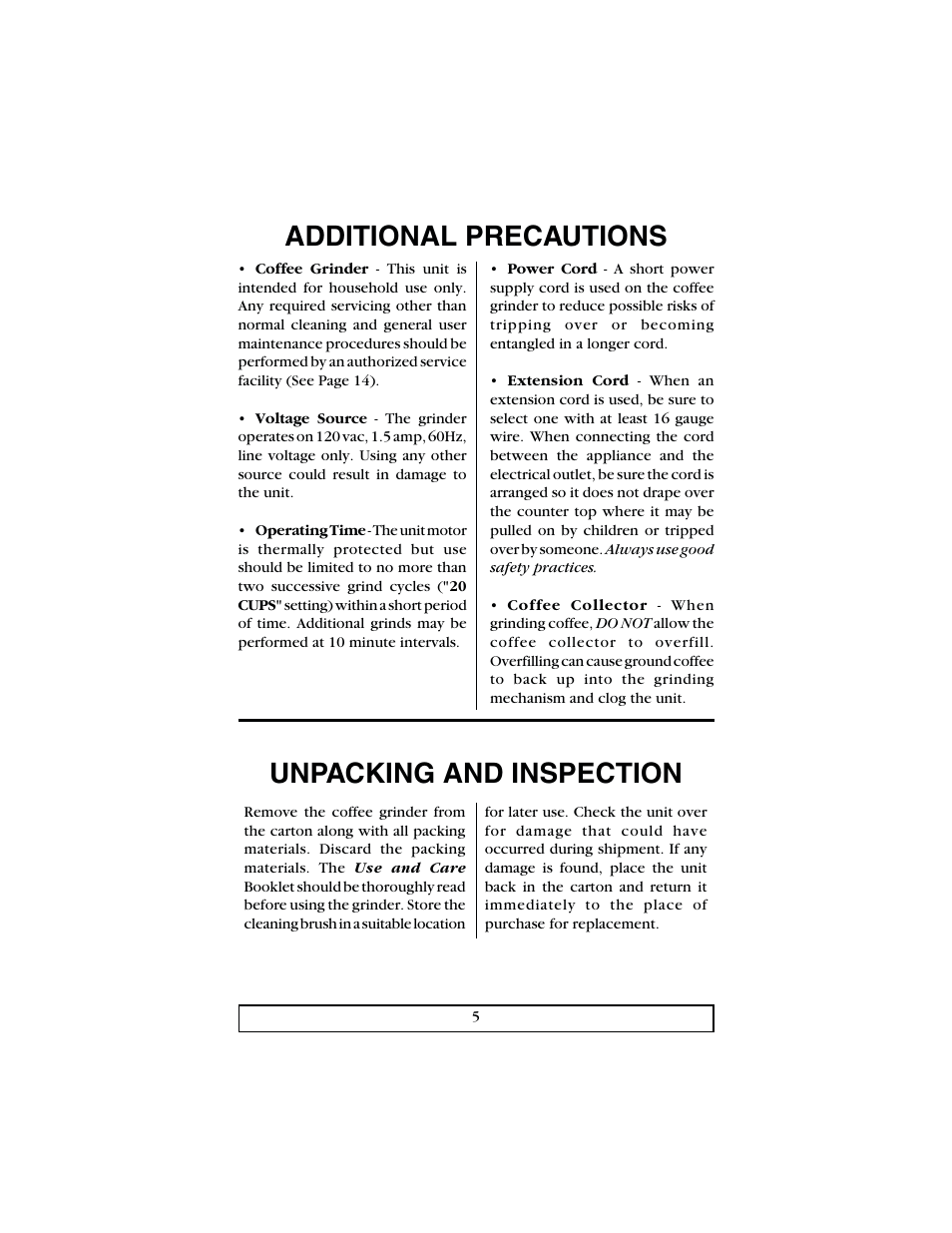 Additional precautions unpacking and inspection | Bunn Deluxe Coffee Grinder User Manual | Page 5 / 16