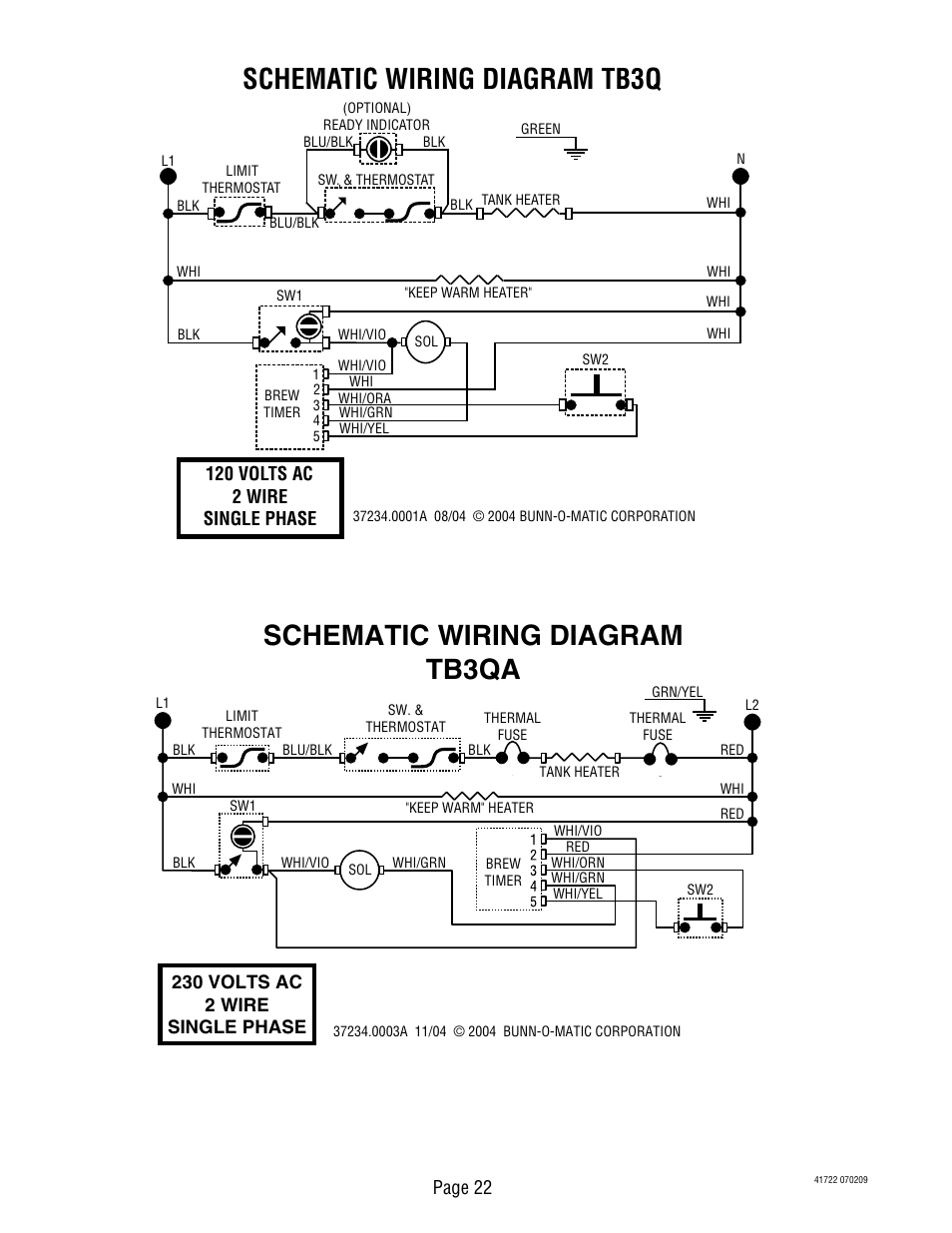 Schematic wiring diagram tb3q, Schematic wiring diagram tb3qa | Bunn TB3Q-LP User Manual | Page 22 / 27