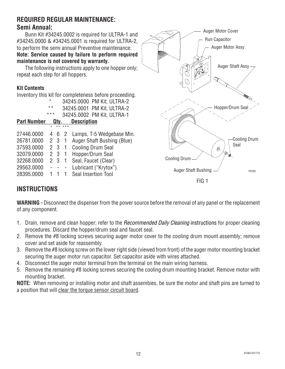 Required regular maintenance: semi annual, Instructions | Bunn -O-MATIC ULTRA-1 User Manual | Page 12 / 63