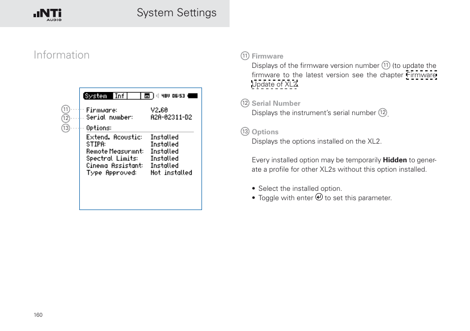 Information, System settings information | NTi Audio XL2 Sound Level Meter User Manual | Page 160 / 240