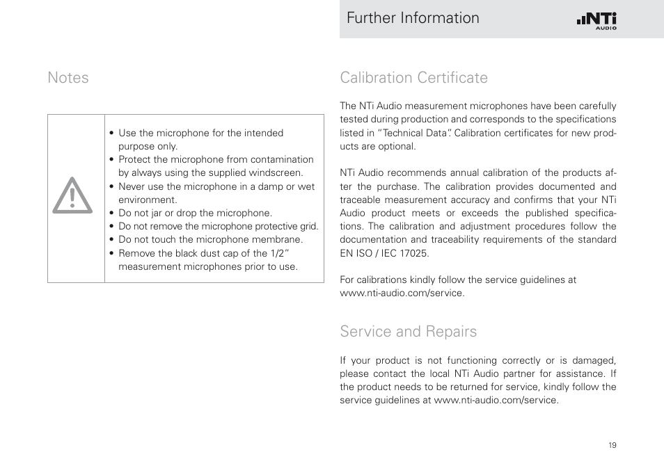 Notes calibration certificate service and repairs, Calibration certificate, Service and repairs | NTi Audio M2230-WP User Manual | Page 19 / 28