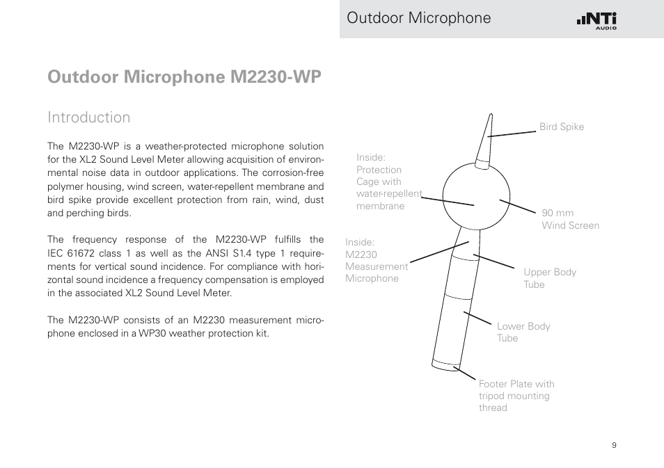 Outdoor microphone m2230-wp, Introduction, Outdoor microphone | NTi Audio M2230-WP User Manual | Page 9 / 28
