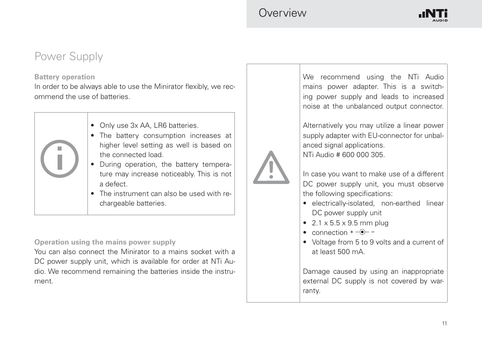 Power supply, Overview | NTi Audio Minirator MR-PRO User Manual | Page 11 / 52