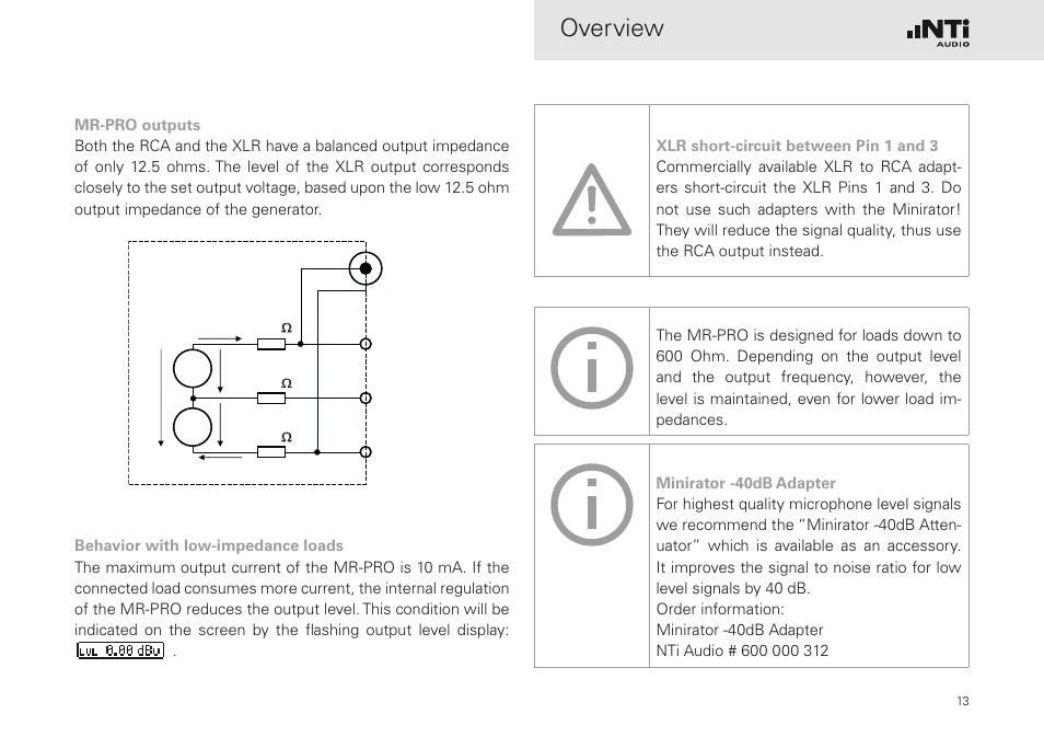 Overview, Xlr rca, Mr-pro | NTi Audio Minirator MR-PRO User Manual | Page 13 / 52