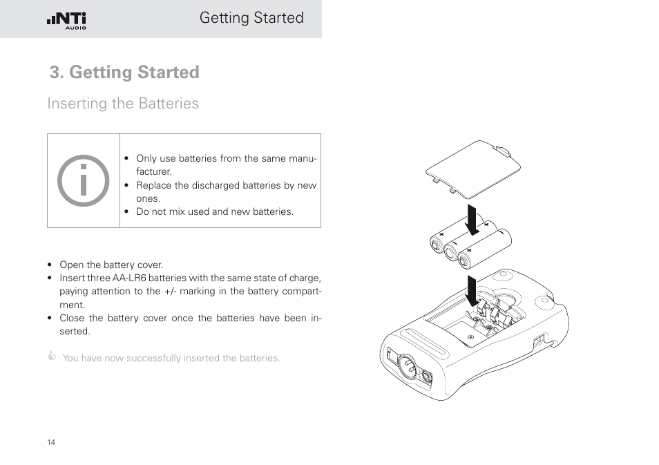 Getting started, Inserting the batteries | NTi Audio Minirator MR-PRO User Manual | Page 14 / 52