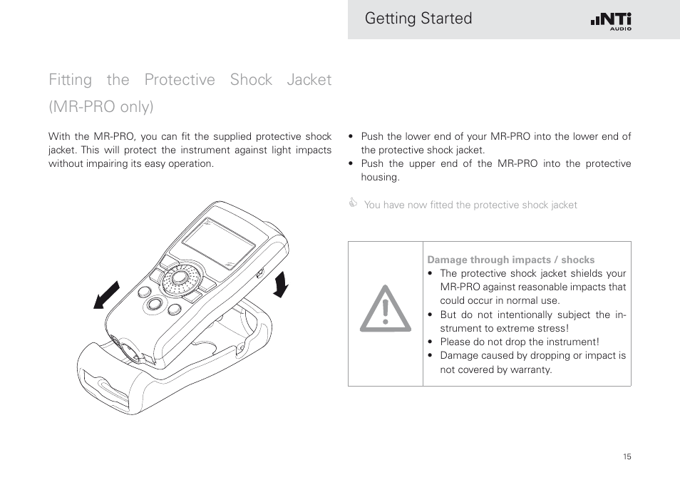 Fitting the protective shock jacket (mr-pro only), Getting started | NTi Audio Minirator MR-PRO User Manual | Page 15 / 52