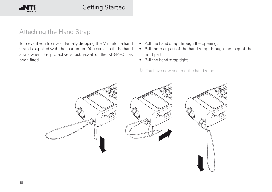 Attaching the hand strap, Getting started | NTi Audio Minirator MR-PRO User Manual | Page 16 / 52