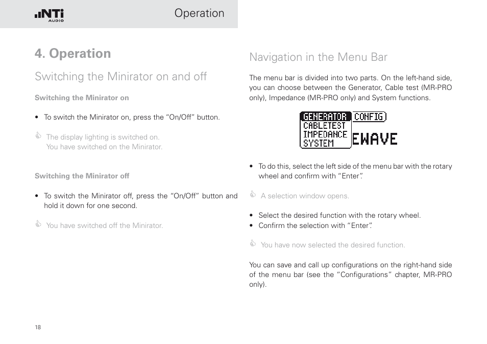 Operation, Switching the minirator on and off, Navigation in the menu bar | Operation navigation in the menu bar | NTi Audio Minirator MR-PRO User Manual | Page 18 / 52