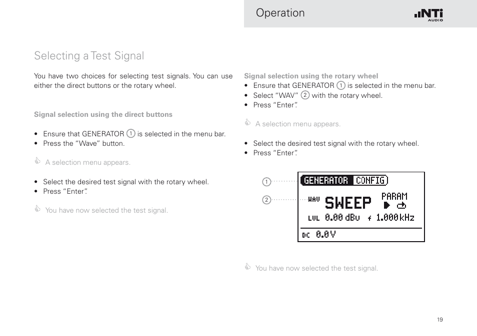 Selecting a test signal, Operation selecting a test signal | NTi Audio Minirator MR-PRO User Manual | Page 19 / 52