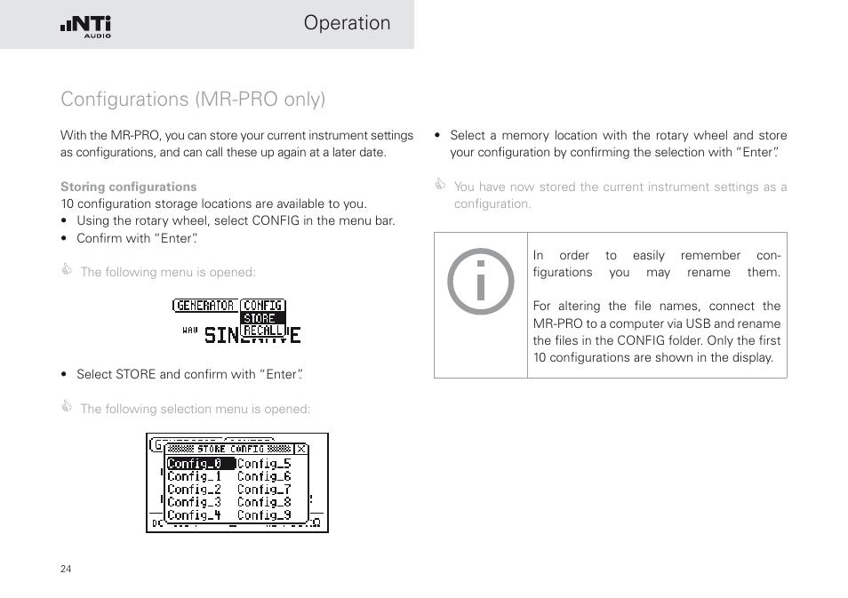 Configurations (mr-pro only), Operation | NTi Audio Minirator MR-PRO User Manual | Page 24 / 52