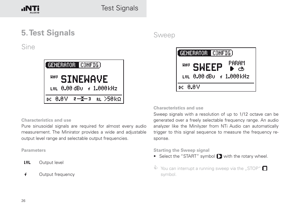 Test signals, Sine, Sweep | Sine sweep | NTi Audio Minirator MR-PRO User Manual | Page 26 / 52