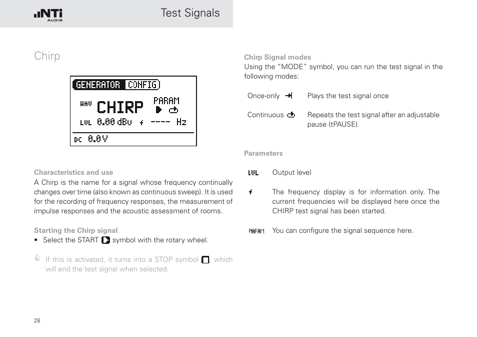 Chirp, Test signals | NTi Audio Minirator MR-PRO User Manual | Page 28 / 52