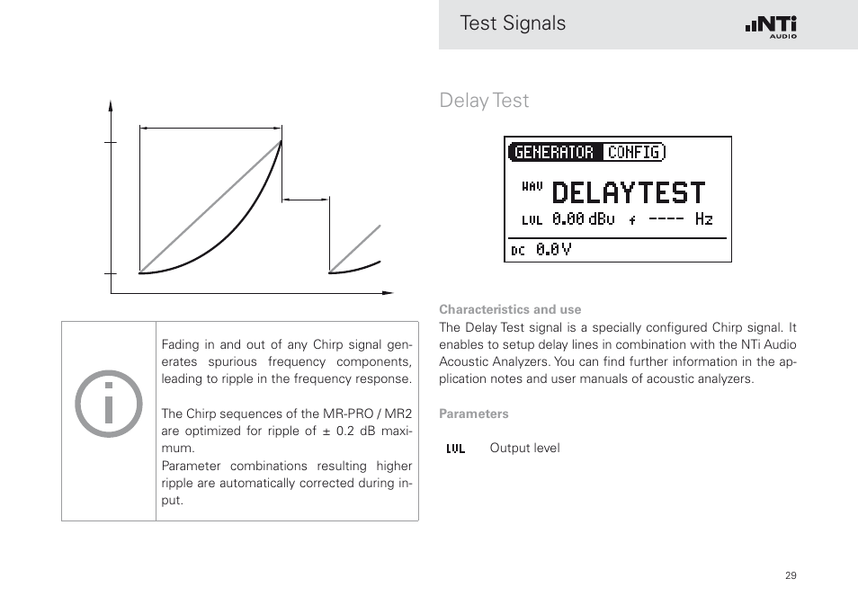 Delay test, Test signals | NTi Audio Minirator MR-PRO User Manual | Page 29 / 52