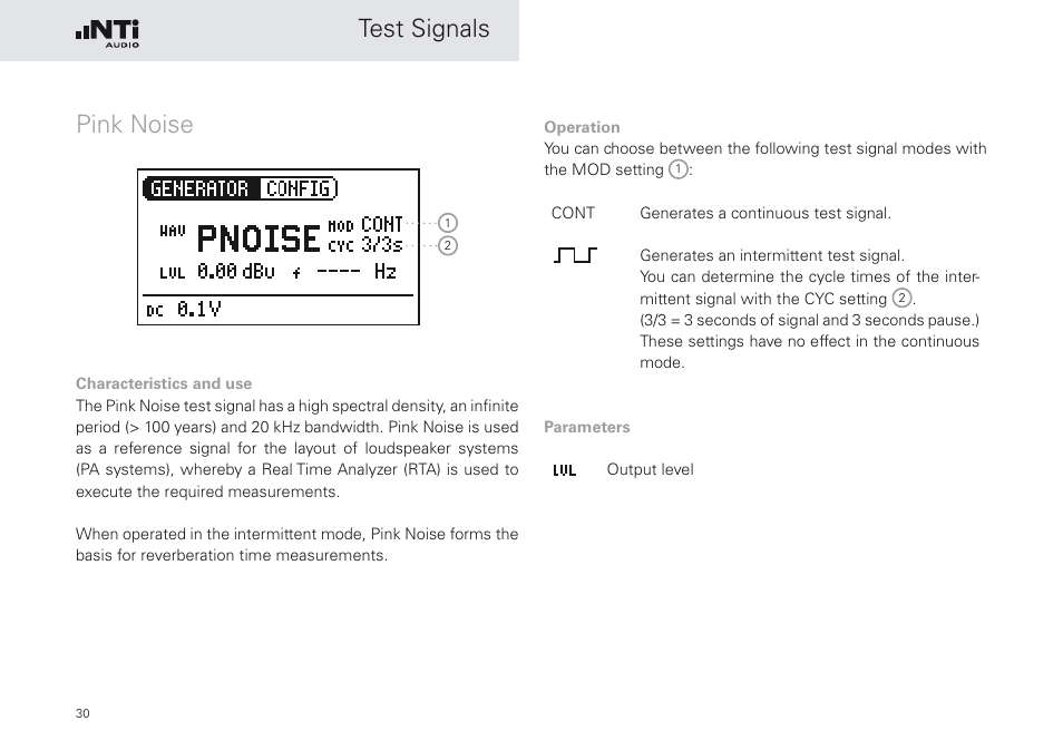 Pink noise, Test signals pink noise | NTi Audio Minirator MR-PRO User Manual | Page 30 / 52