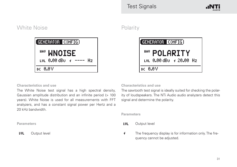 White noise, Polarity, White noise polarity | Test signals | NTi Audio Minirator MR-PRO User Manual | Page 31 / 52