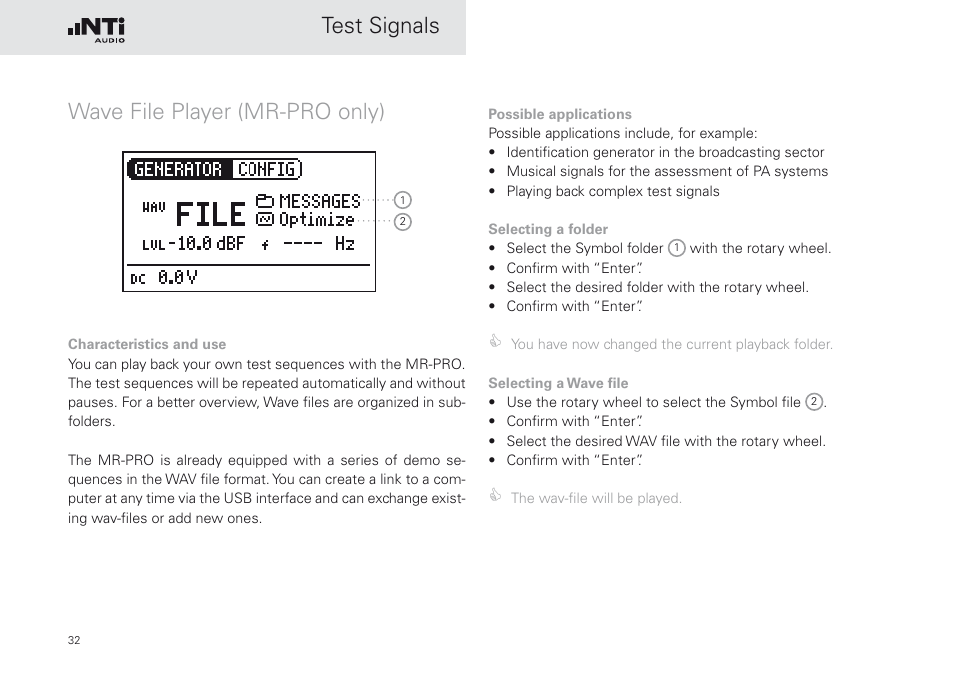 Wave file player (mr-pro only), Test signals wave file player (mr-pro only) | NTi Audio Minirator MR-PRO User Manual | Page 32 / 52