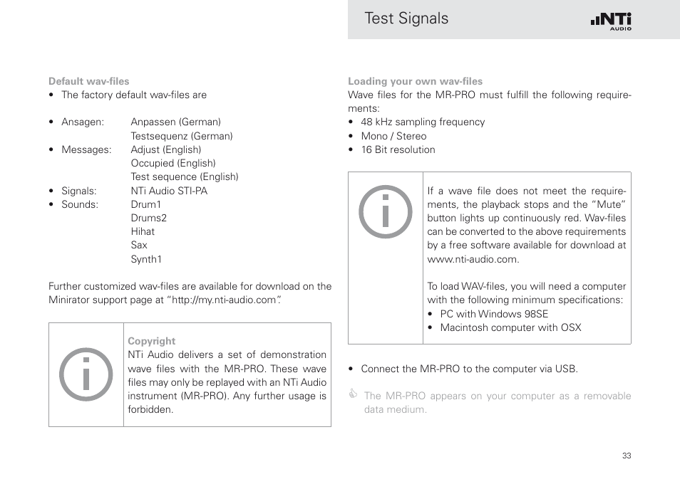 Test signals | NTi Audio Minirator MR-PRO User Manual | Page 33 / 52