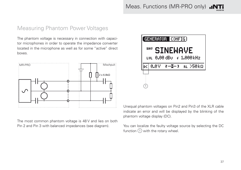 Measuring phantom power voltages, Meas. functions (mr-pro only) | NTi Audio Minirator MR-PRO User Manual | Page 37 / 52
