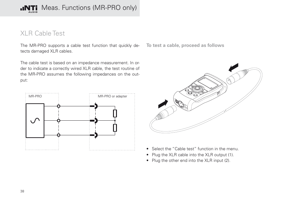 Xlr cable test, Meas. functions (mr-pro only) xlr cable test | NTi Audio Minirator MR-PRO User Manual | Page 38 / 52