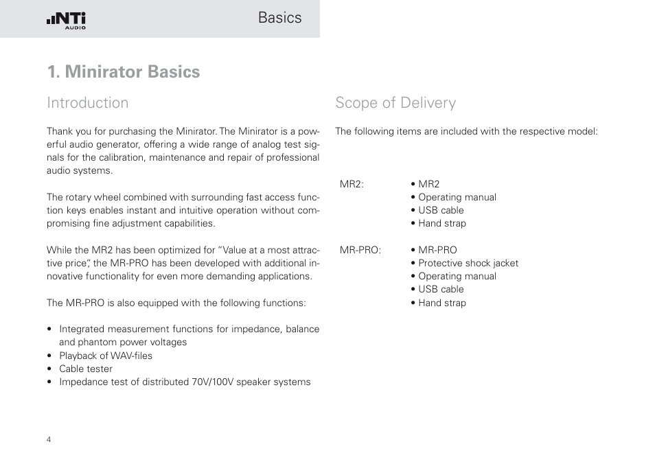 Minirator basics, Introduction, Scope of delivery | Introduction scope of delivery, Basics scope of delivery | NTi Audio Minirator MR-PRO User Manual | Page 4 / 52