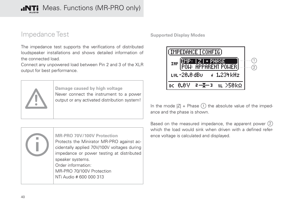 Impedance test, Meas. functions (mr-pro only) impedance test | NTi Audio Minirator MR-PRO User Manual | Page 40 / 52