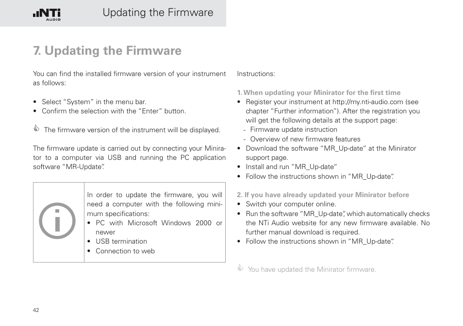Updating the firmware | NTi Audio Minirator MR-PRO User Manual | Page 42 / 52