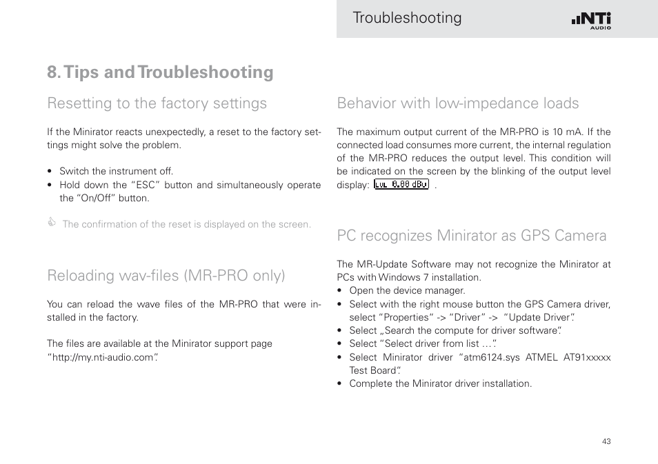Tips and troubleshooting, Resetting to the factory settings, Reloading wav-files (mr-pro only) | Behavior with low-impedance loads, Pc recognizes minirator as gps camera, Troubleshooting behavior with low-impedance loads | NTi Audio Minirator MR-PRO User Manual | Page 43 / 52