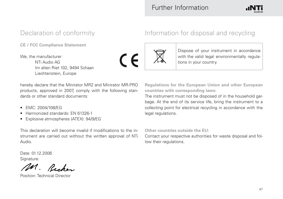 Declaration of conformity, Information for disposal and recycling, Further information | NTi Audio Minirator MR-PRO User Manual | Page 47 / 52