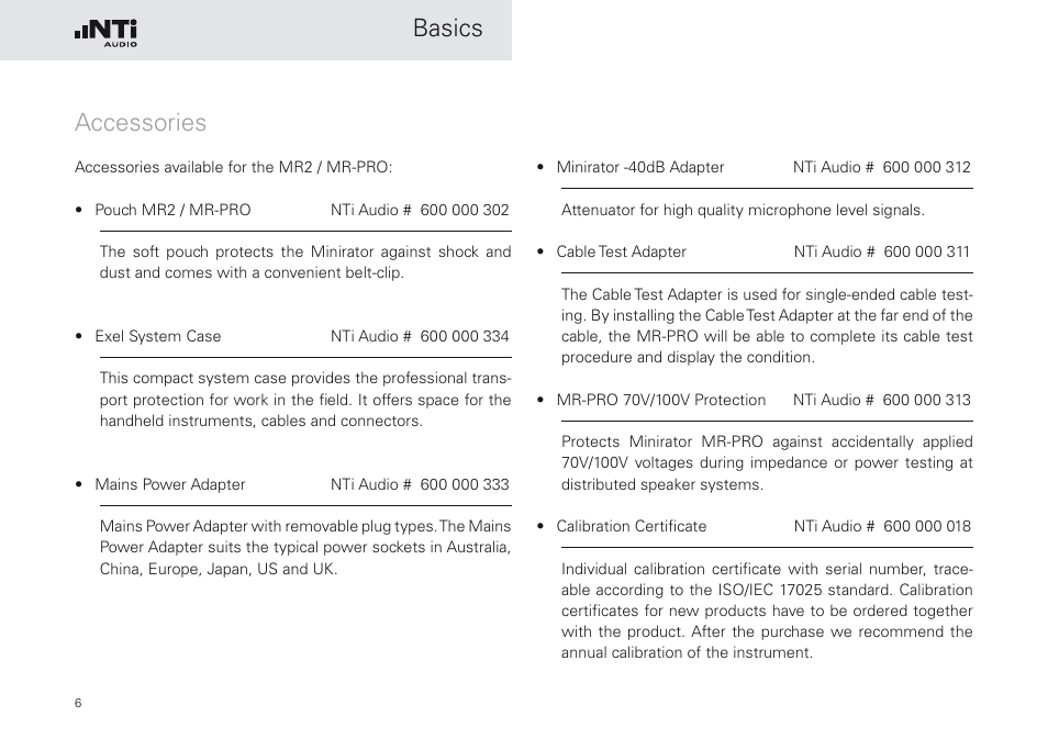Accessories, Basics | NTi Audio Minirator MR-PRO User Manual | Page 6 / 52
