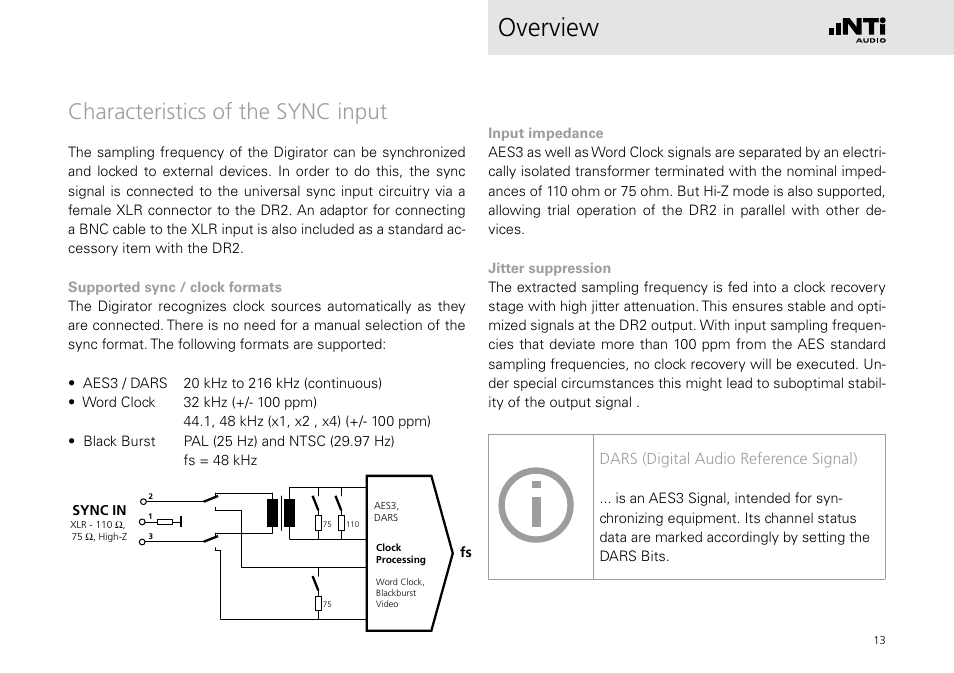 Characteristics of the sync input, Overview, Dars (digital audio reference signal) | NTi Audio Digirator DR2 User Manual | Page 13 / 56