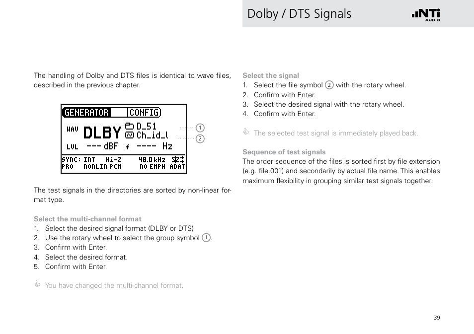 Dolby / dts signals | NTi Audio Digirator DR2 User Manual | Page 39 / 56